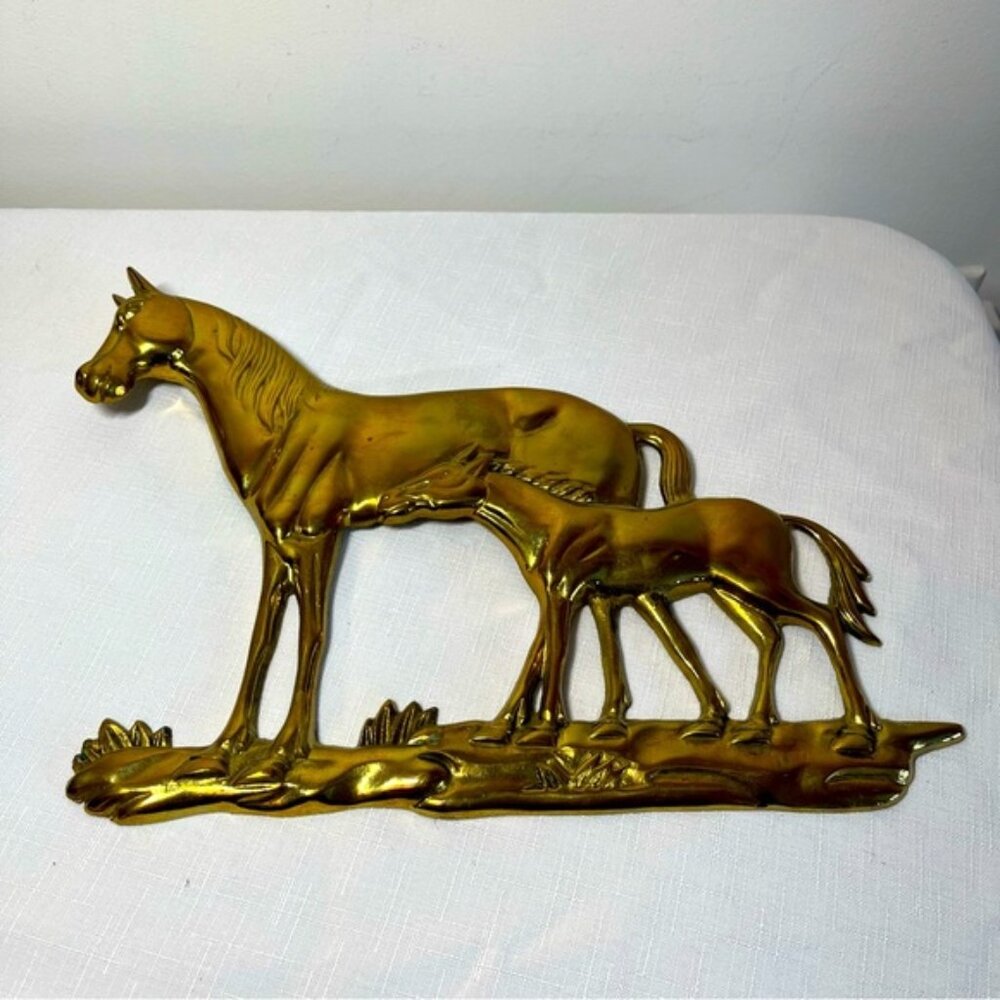 Vintage BRASS Horse and Foal Wall hanging UNIQUE